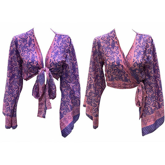 RETRO BELL SLEEVES FRONT KNOT CROP TOP WRAP BLOUSE FREE SIZE UP TO 16 P112
