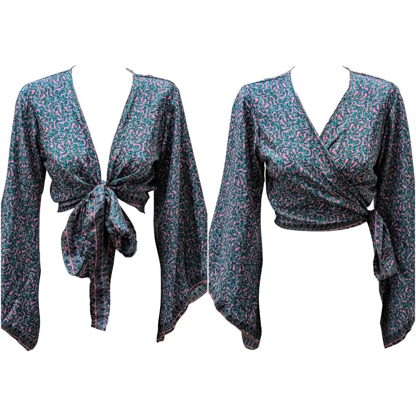 RETRO BELL SLEEVES FRONT KNOT CROP TOP WRAP BLOUSE FREE SIZE UP TO 16 P150