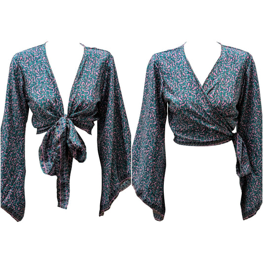 RETRO BELL SLEEVES FRONT KNOT CROP TOP WRAP BLOUSE FREE SIZE UP TO 16 P150