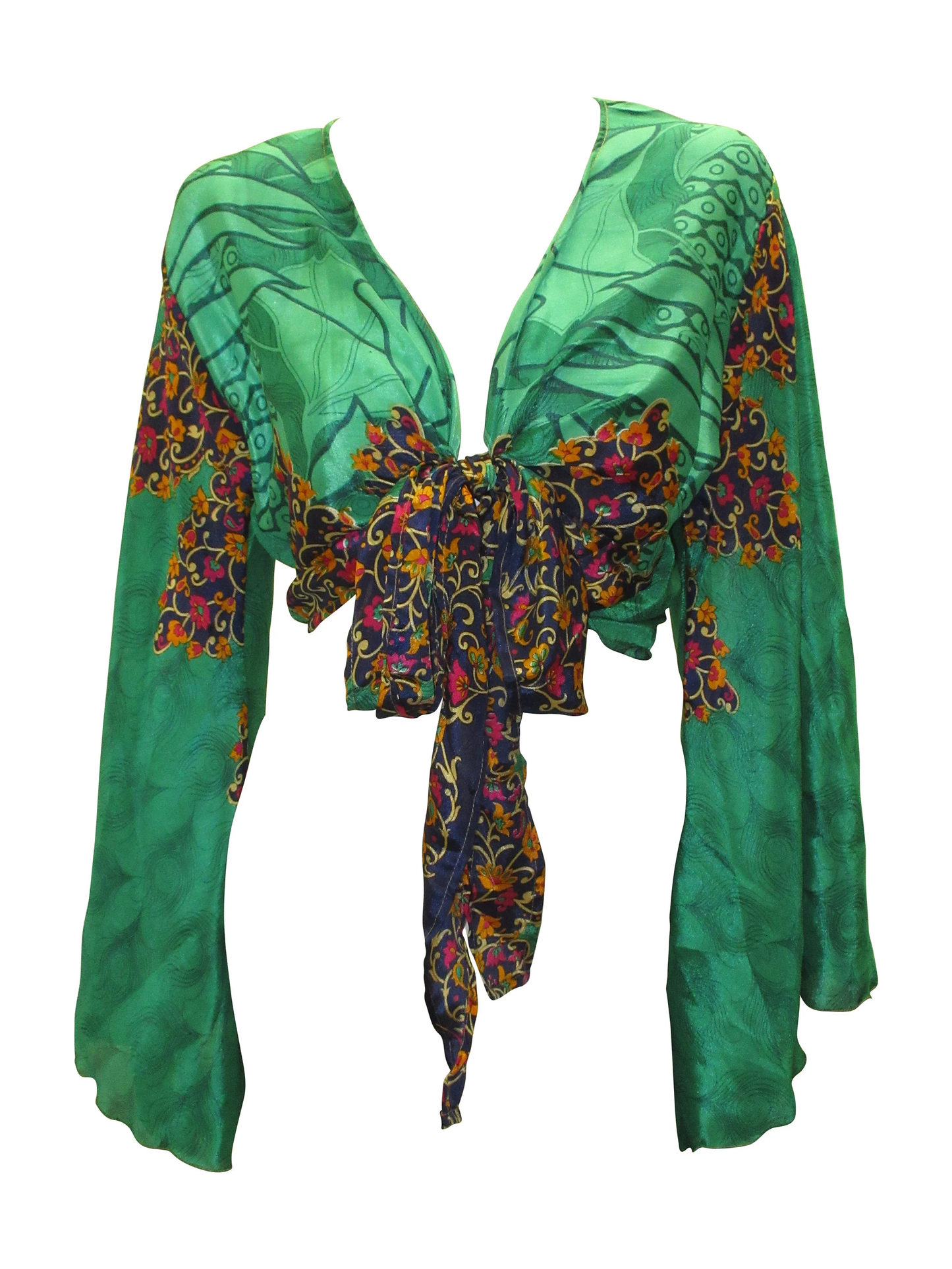 RETRO BELL SLEEVES FRONT KNOT CROP TOP WRAP BLOUSE FREE SIZE UP TO 16 P16