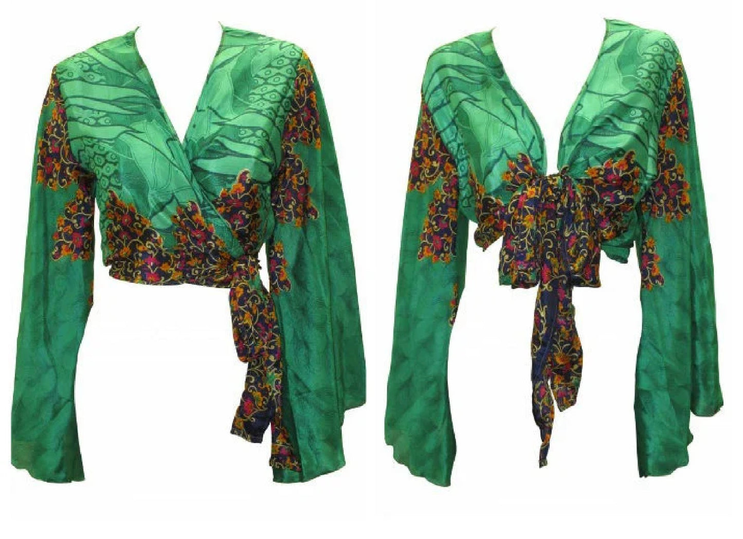 RETRO BELL SLEEVES FRONT KNOT CROP TOP WRAP BLOUSE FREE SIZE UP TO 16 P16