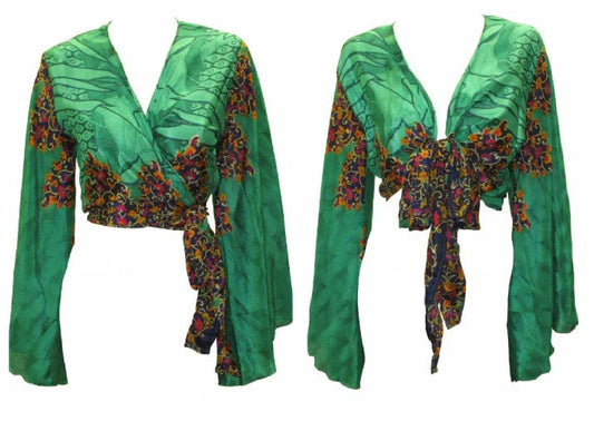 RETRO BELL SLEEVES FRONT KNOT CROP TOP WRAP BLOUSE FREE SIZE UP TO 16 P16