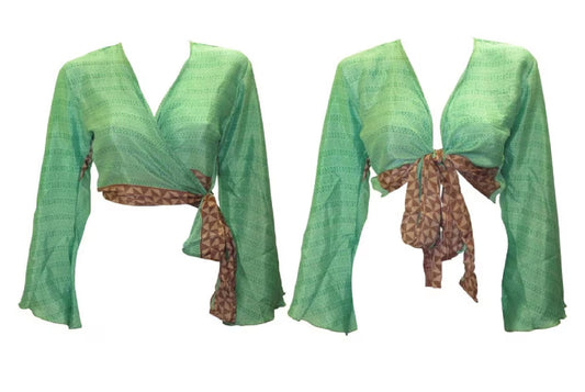 RETRO BELL SLEEVES FRONT KNOT CROP TOP WRAP BLOUSE FREE SIZE UP TO 16 P36