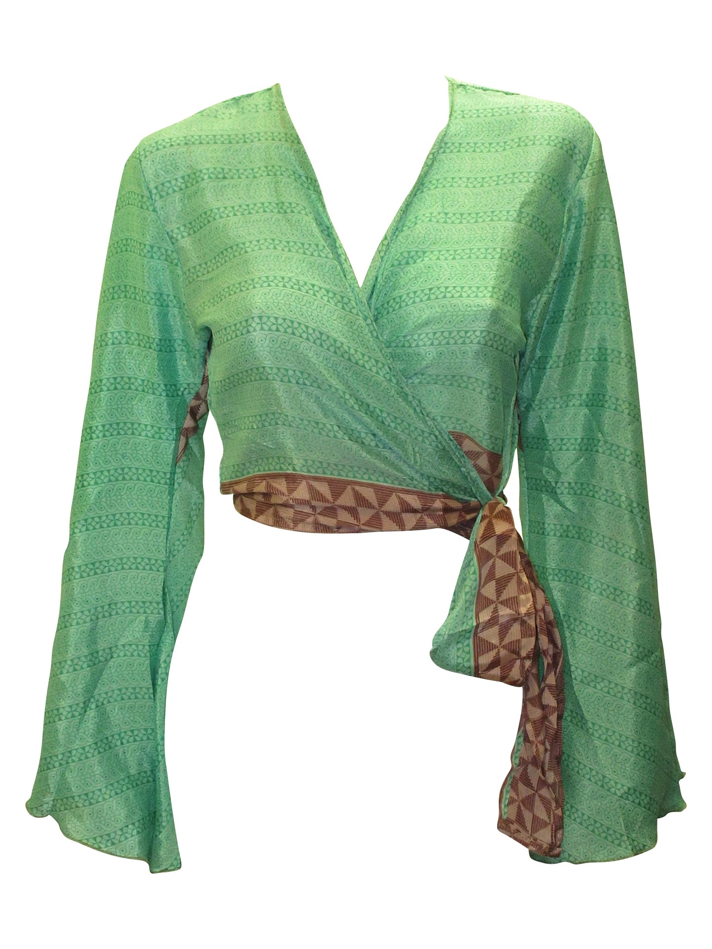 RETRO BELL SLEEVES FRONT KNOT CROP TOP WRAP BLOUSE FREE SIZE UP TO 16 P36