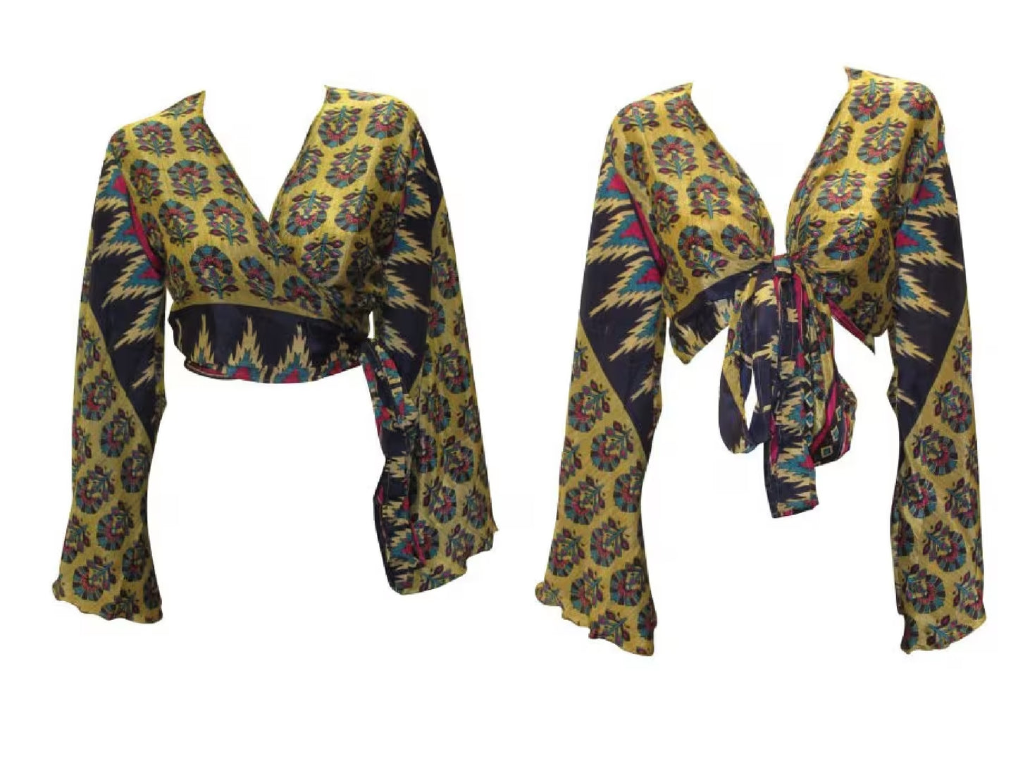 RETRO BELL SLEEVES FRONT KNOT CROP TOP WRAP BLOUSE FREE SIZE UP TO 16 P38