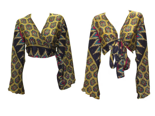 RETRO BELL SLEEVES FRONT KNOT CROP TOP WRAP BLOUSE FREE SIZE UP TO 16 P38