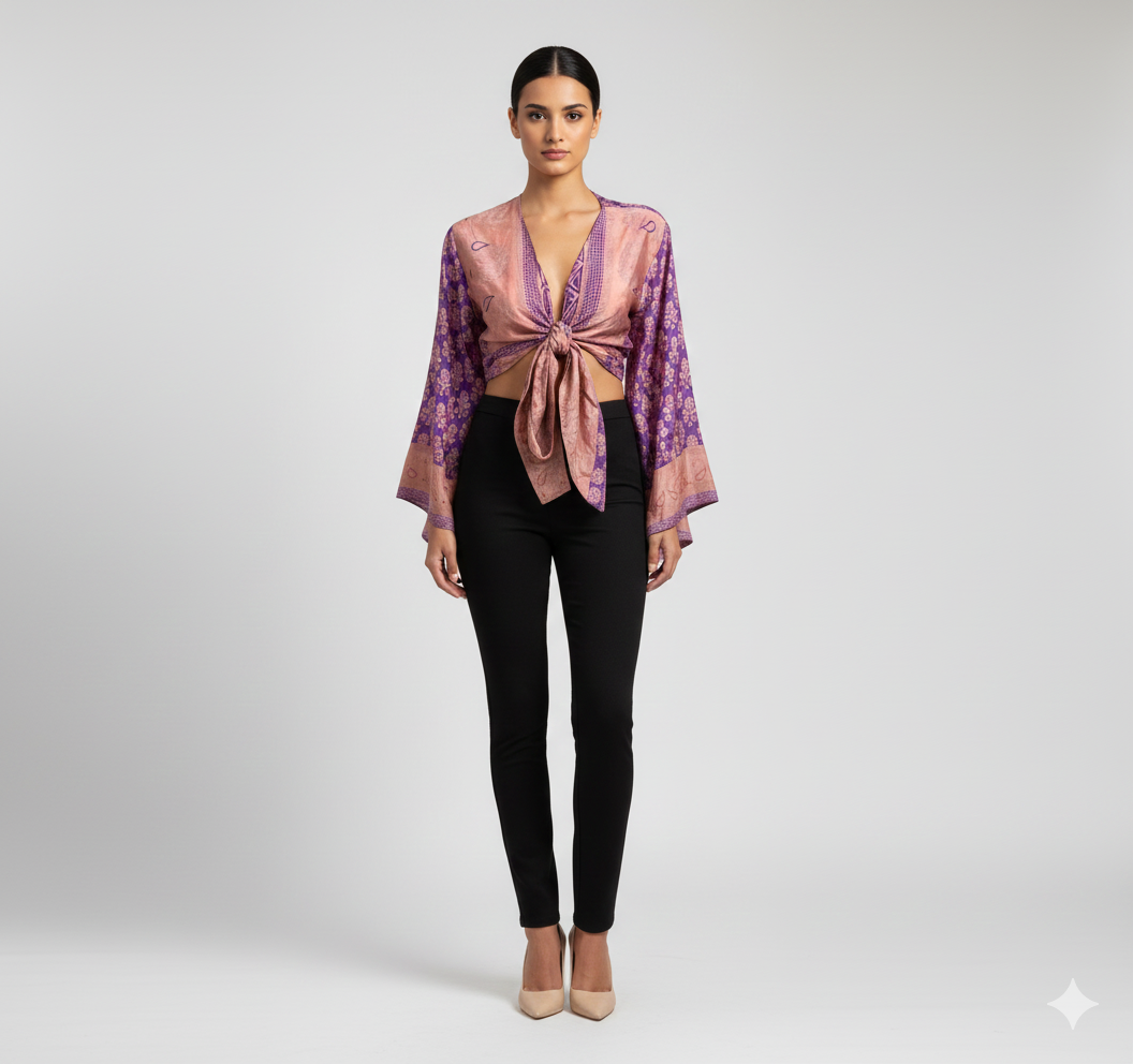 RETRO BELL SLEEVES FRONT KNOT CROP TOP WRAP BLOUSE FREE SIZE UP TO 16 P110