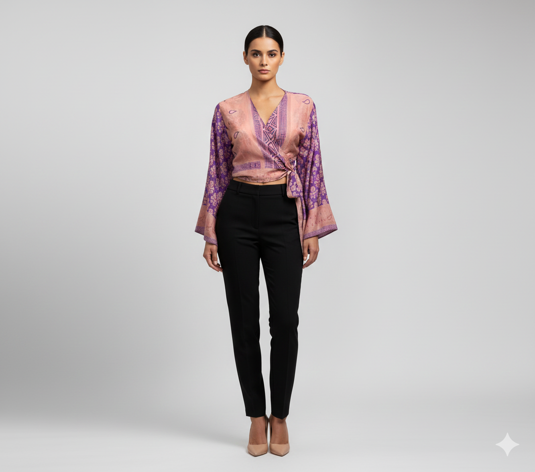 RETRO BELL SLEEVES FRONT KNOT CROP TOP WRAP BLOUSE FREE SIZE UP TO 16 P110