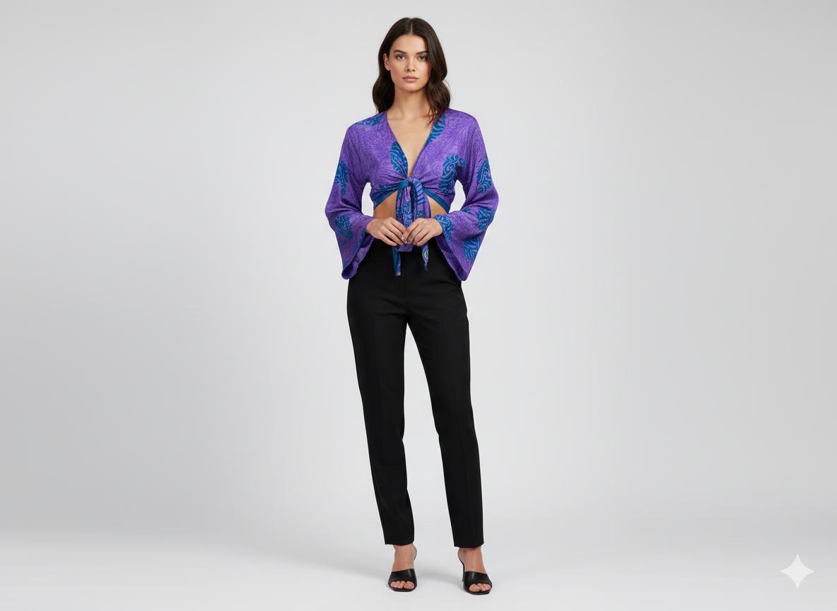 RETRO BELL SLEEVES FRONT KNOT CROP TOP WRAP BLOUSE FREE SIZE UP TO 16 P111