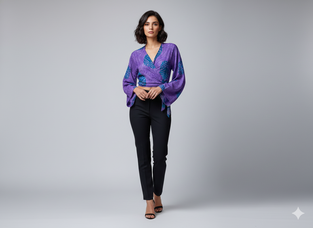 RETRO BELL SLEEVES FRONT KNOT CROP TOP WRAP BLOUSE FREE SIZE UP TO 16 P111