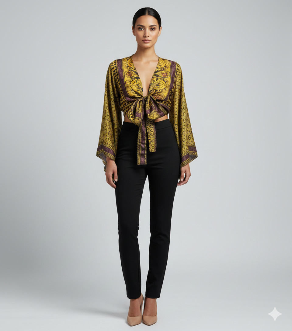 RETRO BELL SLEEVES FRONT KNOT CROP TOP WRAP BLOUSE FREE SIZE UP TO 16 P133