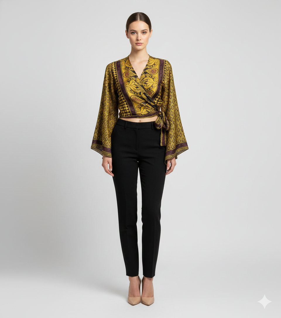 RETRO BELL SLEEVES FRONT KNOT CROP TOP WRAP BLOUSE FREE SIZE UP TO 16 P133