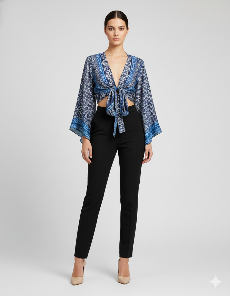 RETRO BELL SLEEVES FRONT KNOT CROP TOP WRAP BLOUSE FREE SIZE UP TO 16 P135