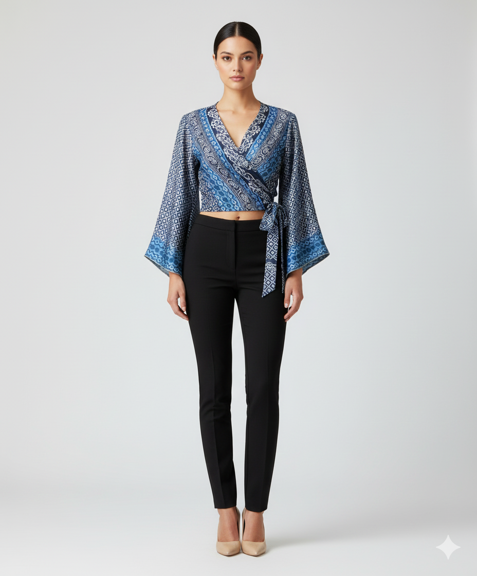 RETRO BELL SLEEVES FRONT KNOT CROP TOP WRAP BLOUSE FREE SIZE UP TO 16 P135