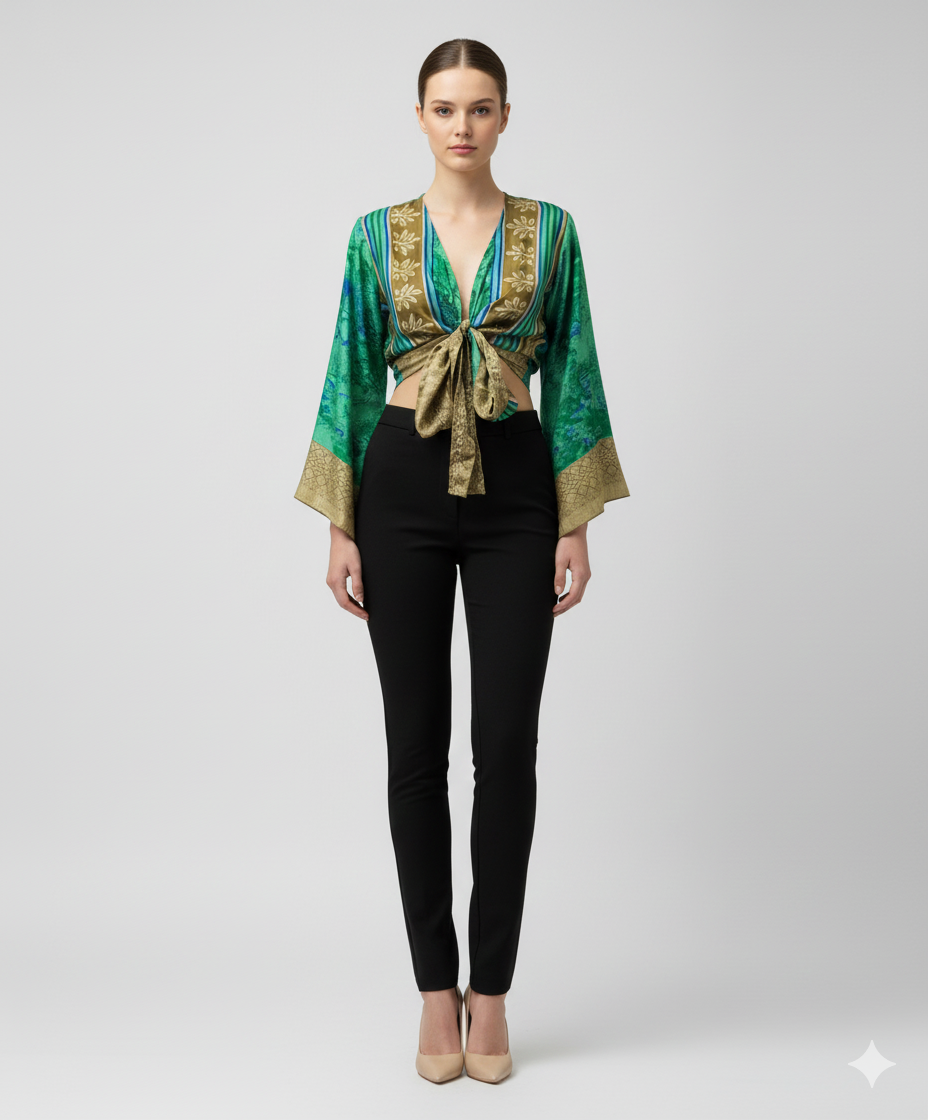 RETRO BELL SLEEVES FRONT KNOT CROP TOP WRAP BLOUSE FREE SIZE UP TO 16 P139