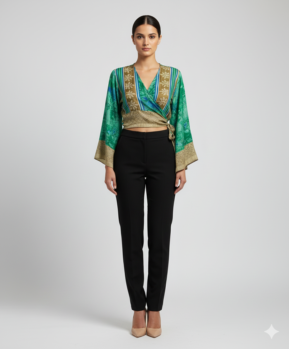 RETRO BELL SLEEVES FRONT KNOT CROP TOP WRAP BLOUSE FREE SIZE UP TO 16 P139