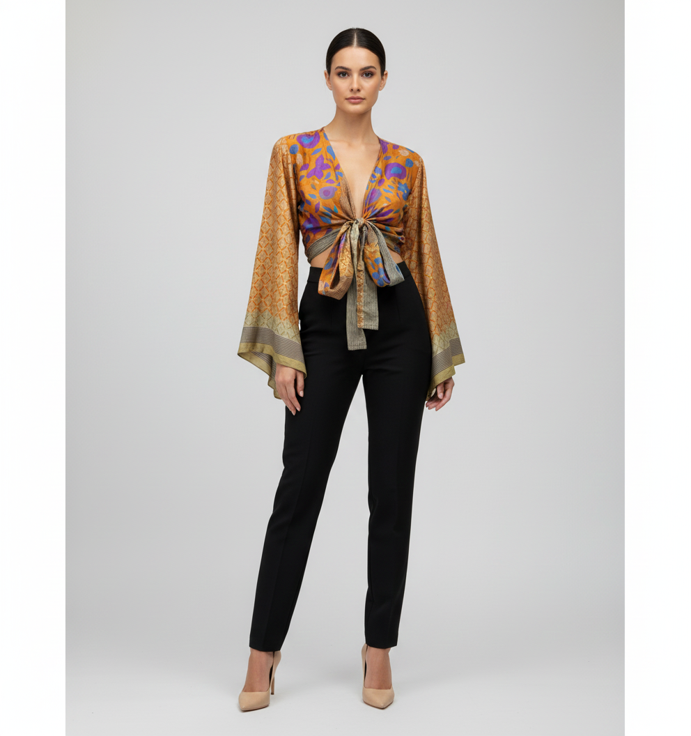 RETRO BELL SLEEVES FRONT KNOT CROP TOP WRAP BLOUSE FREE SIZE UP TO 16 P140