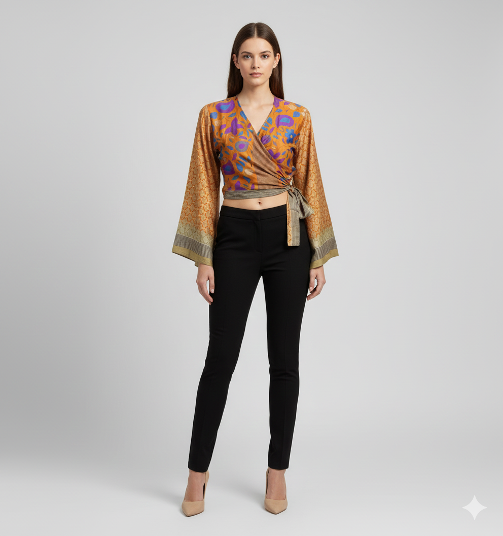 RETRO BELL SLEEVES FRONT KNOT CROP TOP WRAP BLOUSE FREE SIZE UP TO 16 P140