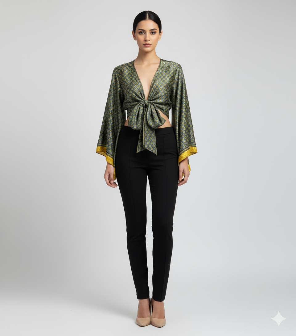 RETRO BELL SLEEVES FRONT KNOT CROP TOP WRAP BLOUSE FREE SIZE UP TO 16 P141