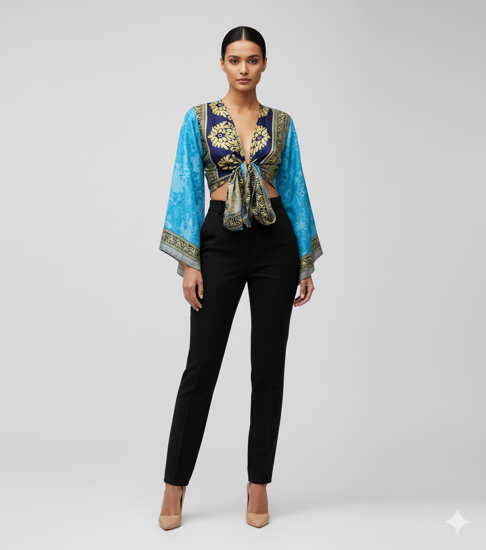 RETRO BELL SLEEVES FRONT KNOT CROP TOP WRAP BLOUSE FREE SIZE UP TO 16 P145