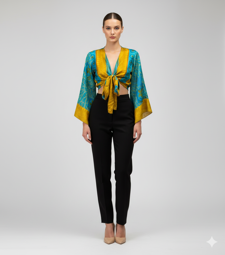 RETRO BELL SLEEVES FRONT KNOT CROP TOP WRAP BLOUSE FREE SIZE UP TO 16 P146