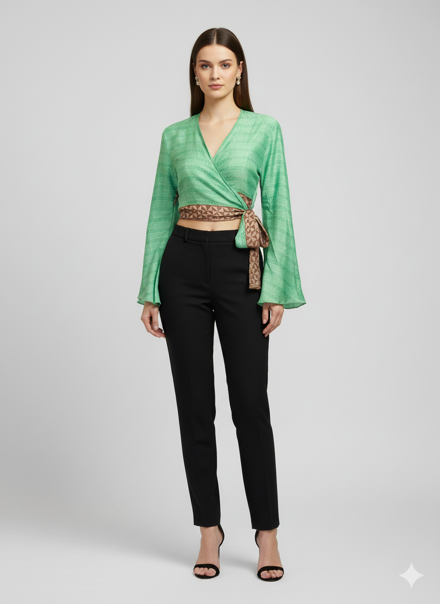 RETRO BELL SLEEVES FRONT KNOT CROP TOP WRAP BLOUSE FREE SIZE UP TO 16 P36