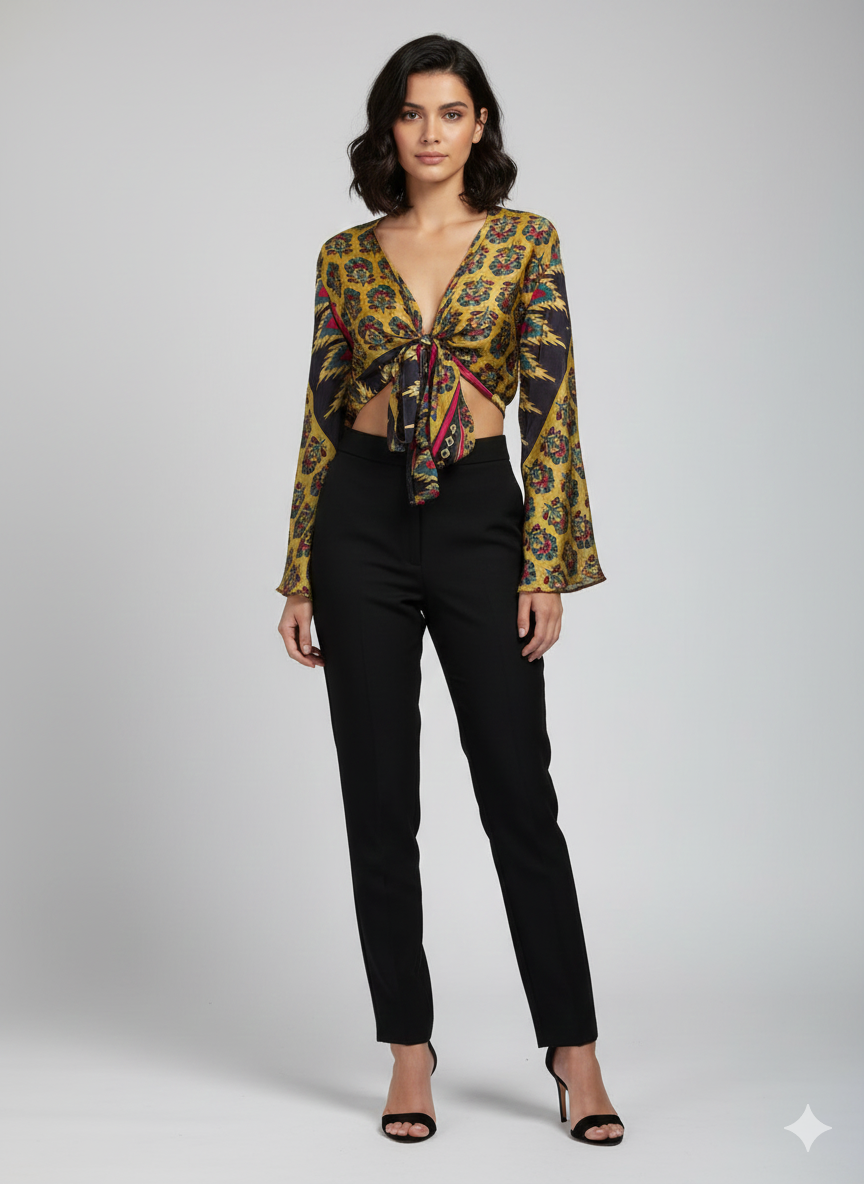 RETRO BELL SLEEVES FRONT KNOT CROP TOP WRAP BLOUSE FREE SIZE UP TO 16 P38