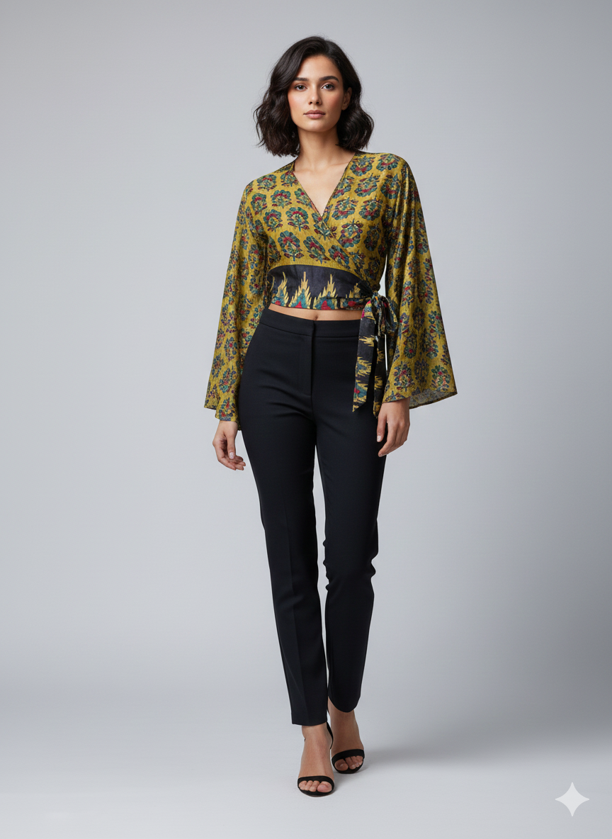 RETRO BELL SLEEVES FRONT KNOT CROP TOP WRAP BLOUSE FREE SIZE UP TO 16 P38