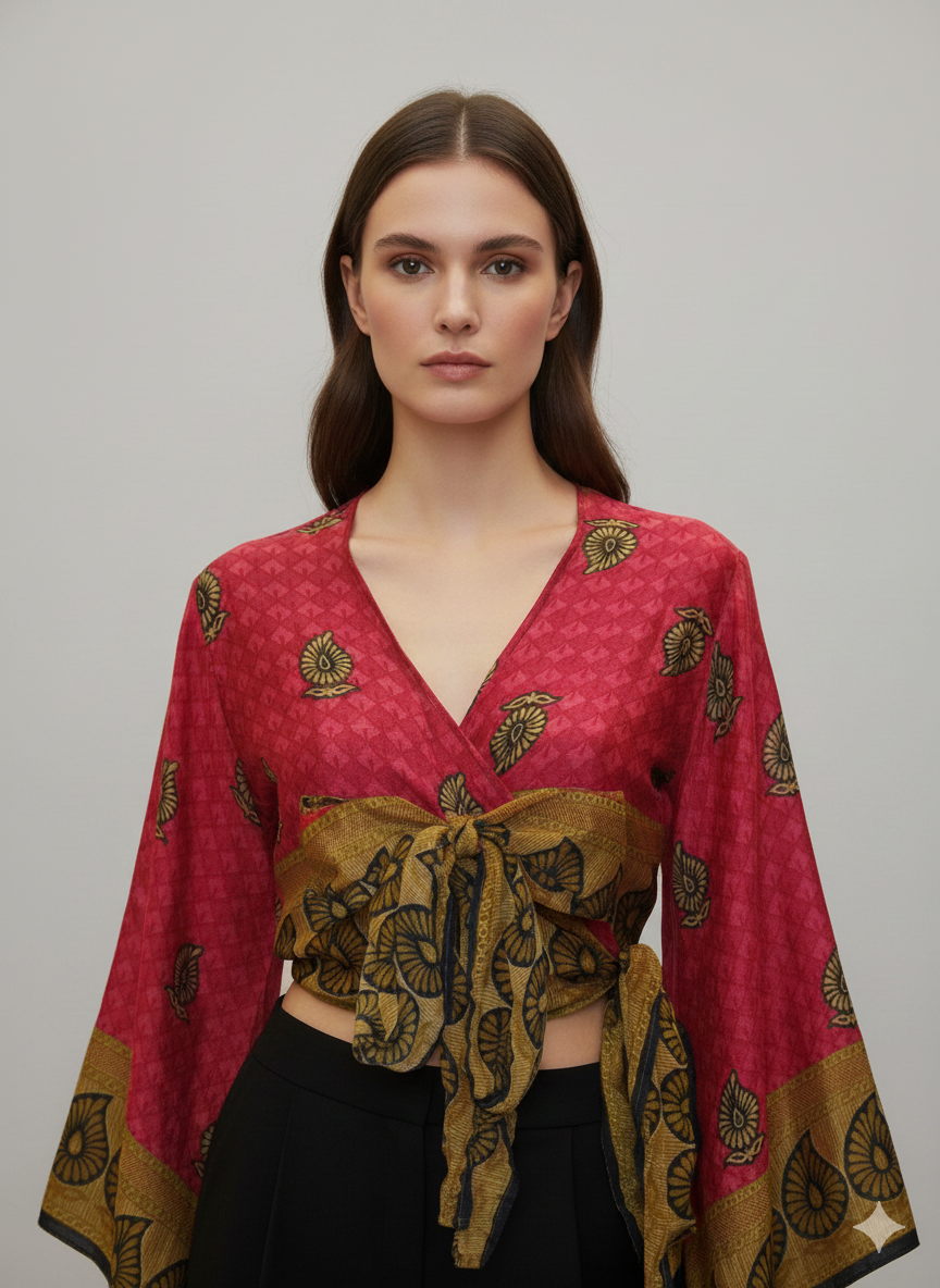 RECYCLED BOHO RETRO BELL SLEEVES FRONT KNOT CROP TOP WRAP BLOUSE FREE SIZE UP TO 16 P55