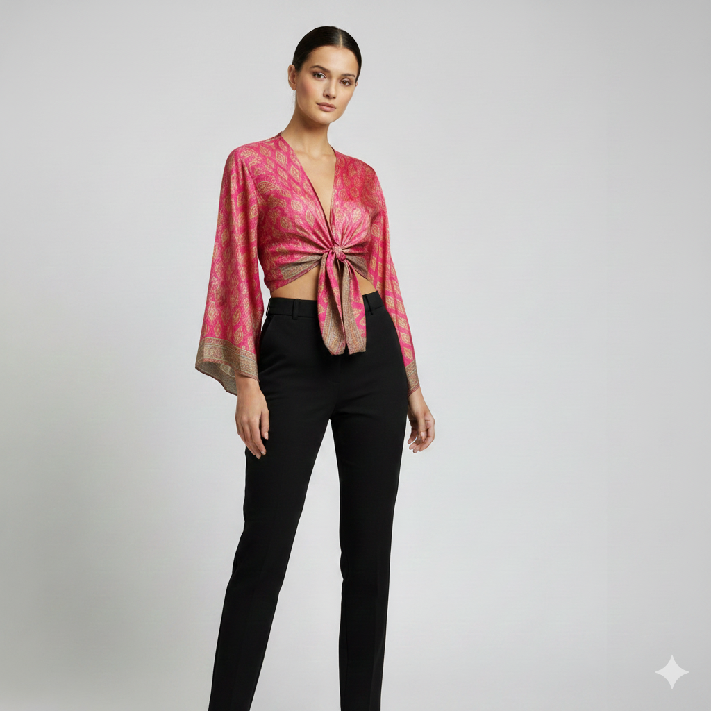 RETRO BELL SLEEVES FRONT KNOT CROP TOP WRAP BLOUSE FREE SIZE UP TO 16 P90