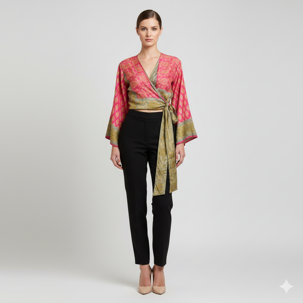 RETRO BELL SLEEVES FRONT KNOT CROP TOP WRAP BLOUSE FREE SIZE UP TO 16 P90