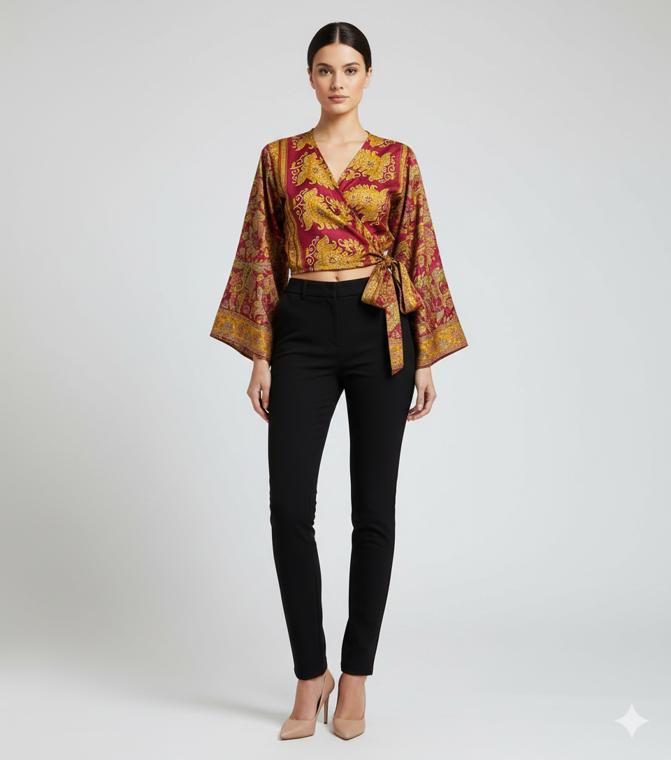 RETRO BELL SLEEVES FRONT KNOT CROP TOP WRAP BLOUSE FREE SIZE UP TO 16 P148