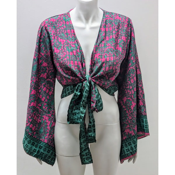 RETRO BELL SLEEVES FRONT KNOT CROP TOP WRAP BLOUSE FREE SIZE UP TO 16 P125