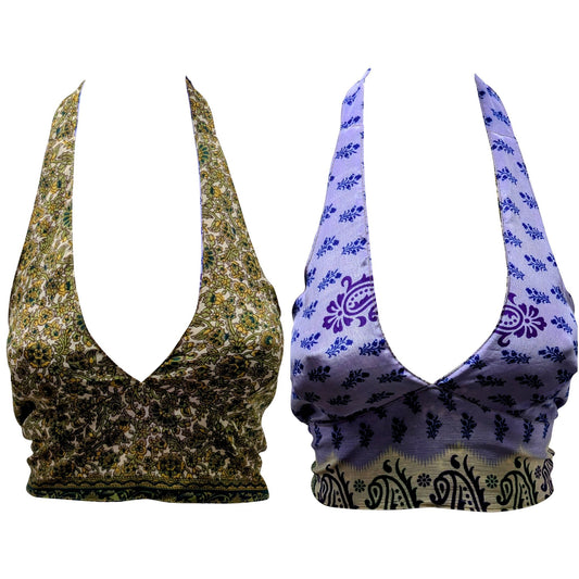 Recycled Reversible Retro Crop Top Boho Festival Halterneck Bralette One Size P125