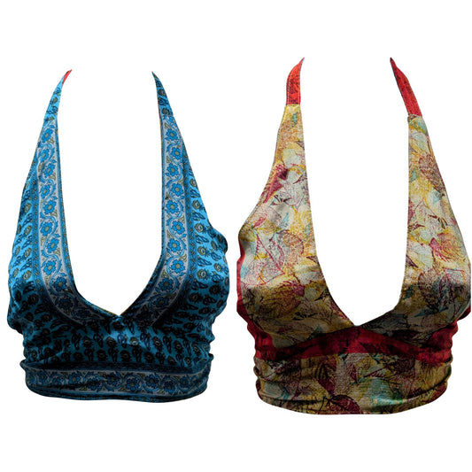 Recycled Reversible Retro Crop Top Boho Festival Halterneck Bralette One Size P133