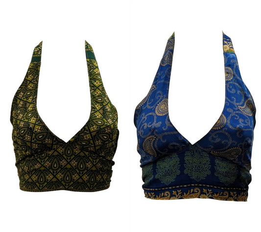 Recycled Reversible Retro Crop Top Boho Festival Halterneck Bralette One Size P168
