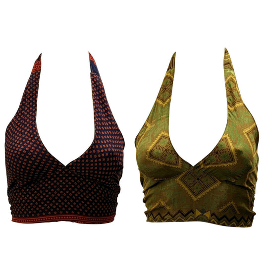 Recycled Reversible Retro Crop Top Boho Festival Halterneck Bralette One Size P169