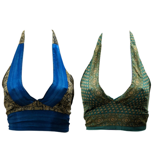 Recycled Reversible Retro Crop Top Boho Festival Halterneck Bralette One Size P170