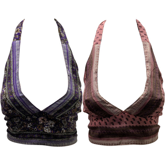 Recycled Reversible Retro Crop Top Boho Festival Halterneck Bralette One Size P172