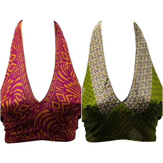 Recycled Reversible Retro Crop Top Boho Festival Halterneck Bralette One Size P173