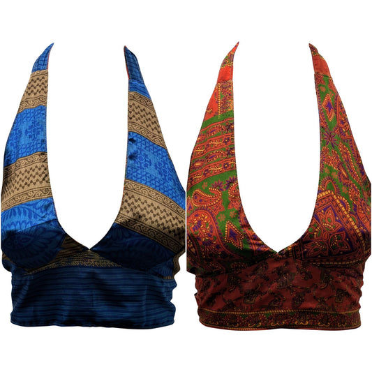 Recycled Reversible Retro Crop Top Boho Festival Halterneck Bralette One Size P174
