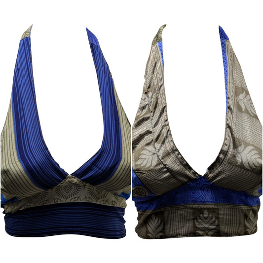 Recycled Reversible Retro Crop Top Boho Festival Halterneck Bralette One Size P175