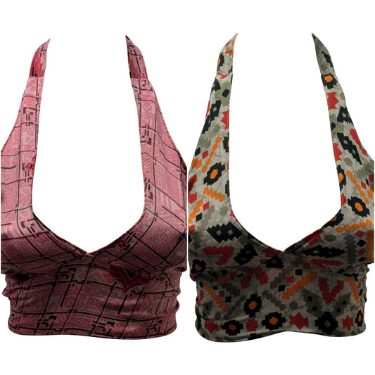 Recycled Reversible Retro Crop Top Boho Festival Halterneck Bralette One Size P176