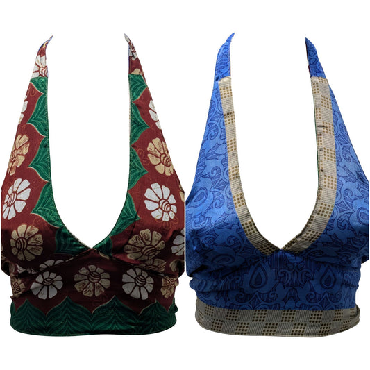 Recycled Reversible Retro Crop Top Boho Festival Halterneck Bralette One Size P177