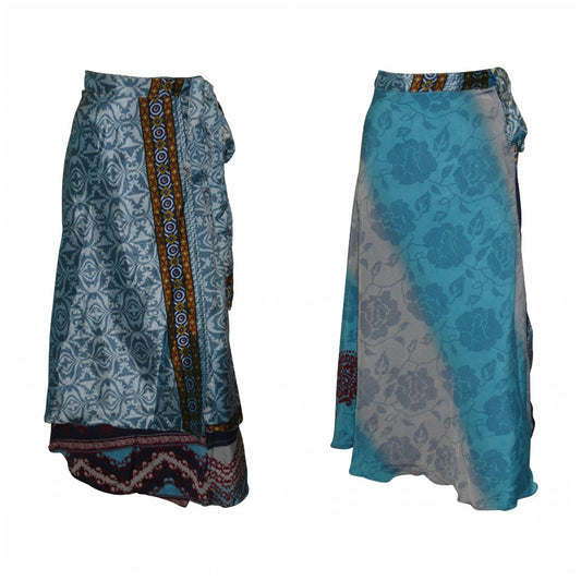 RECYCLED RETRO WRAP AROUND SKIRT LAYERED REVERSIBLE MIDI FREESIZE UP TO 20 P131