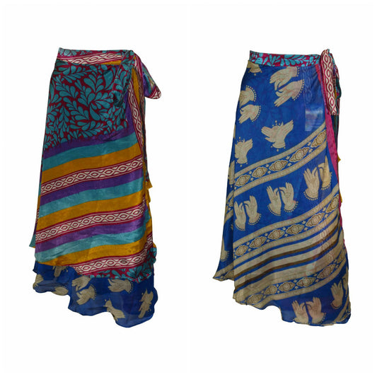 RECYCLED RETRO WRAP AROUND SKIRT LAYERED REVERSIBLE MIDI FREESIZE UP TO 20 P132