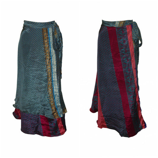 RECYCLED RETRO WRAP AROUND SKIRT LAYERED REVERSIBLE MIDI FREESIZE UP TO 20 P134