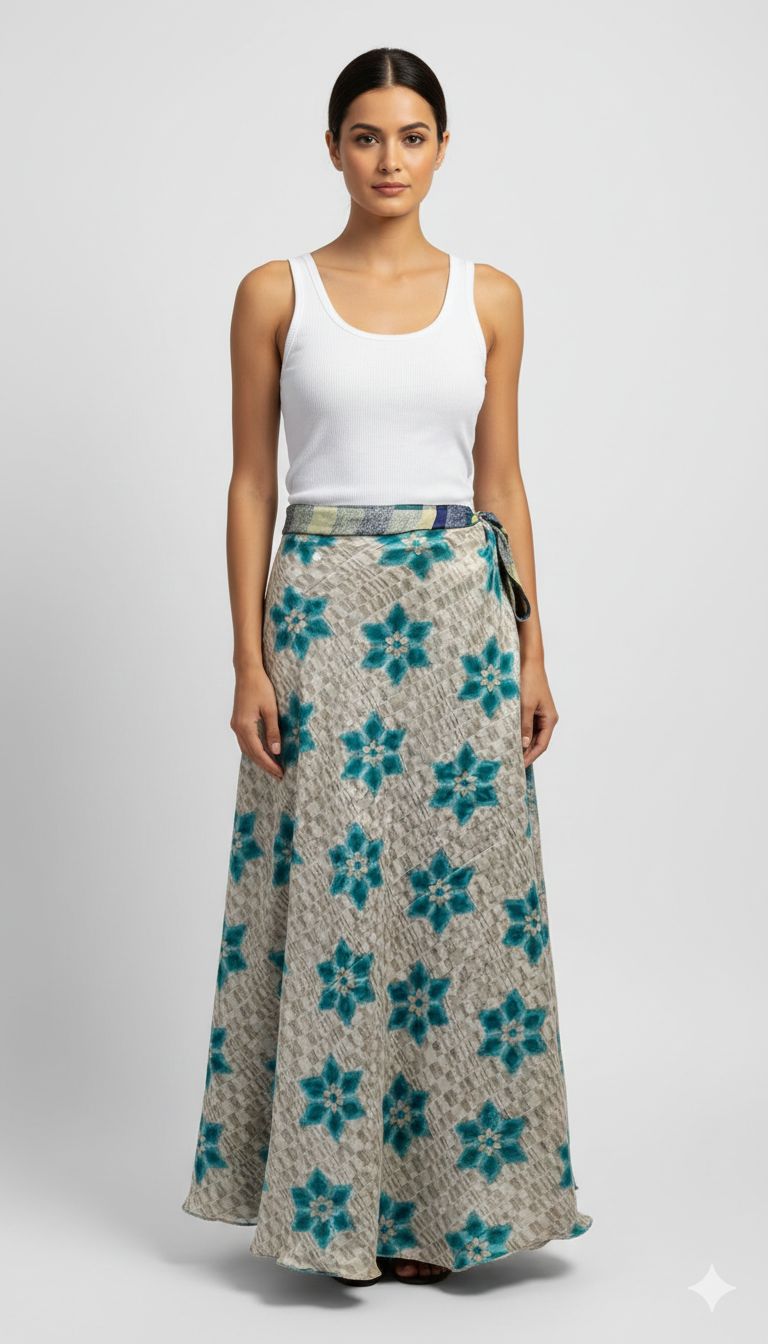 RECYCLED RETRO WRAP AROUND SKIRT LAYERED REVERSIBLE MIDI FREESIZE UP TO 20 P111