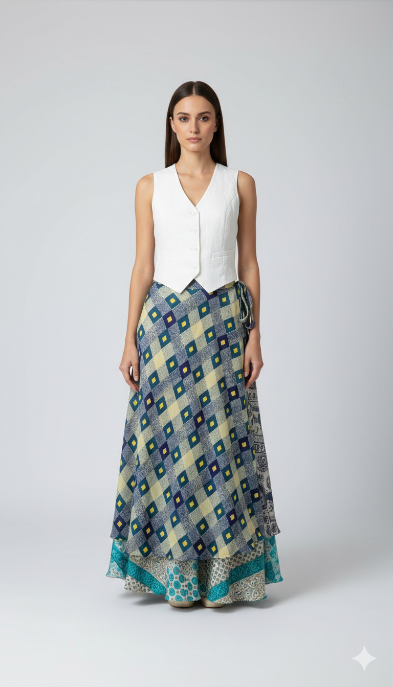 RECYCLED RETRO WRAP AROUND SKIRT LAYERED REVERSIBLE MIDI FREESIZE UP TO 20 P111