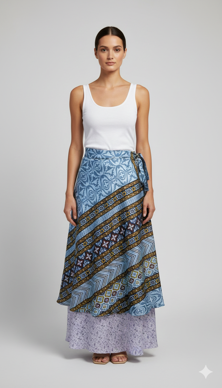 RECYCLED RETRO WRAP AROUND SKIRT LAYERED REVERSIBLE MIDI FREESIZE UP TO 20 P113